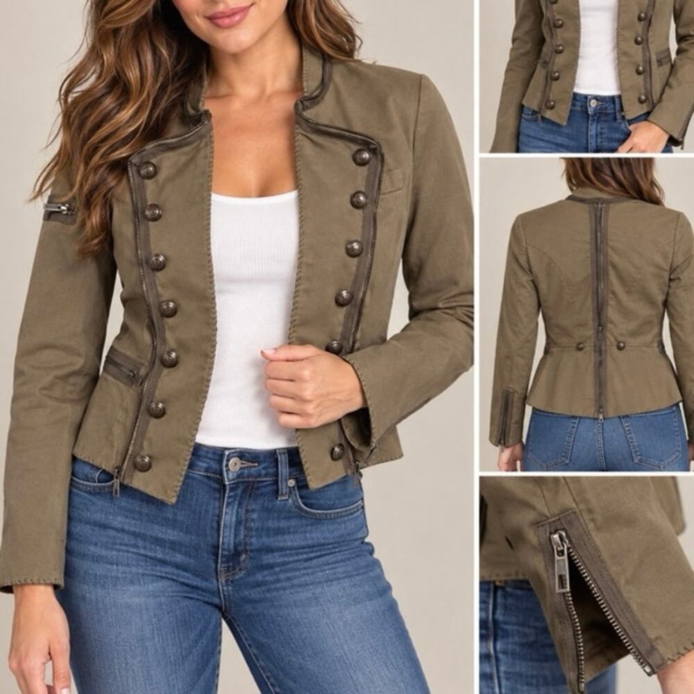 BCBGMAXAZRIA Olive Green Military Utility Jacket Women’s Small Zip Stretch
